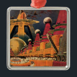 Ornement Carré Argenté Voiture volant vintage de science fiction futurist<br><div class="desc">illustration vintage image de science-fiction voyage et transport avec un livre classique retro sci fi milieu urbain avec une ville de l'avenir. Les bâtiments architecturaux sont en forme de cônes et les véhicules volent dans le ciel comme des oiseaux tandis que la foule se déplace à travers la métropole.</div>