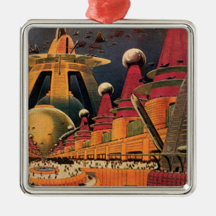 Ornement Carré Argenté Voiture volant vintage de science fiction futurist