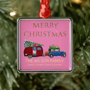 Ornement Carré Argenté Voyage de Noël en voiture rose Santa