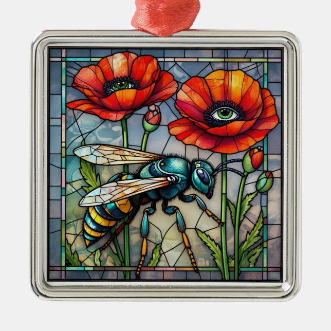 Ornement Carré Argenté Wasp hornet bee stained glass vibrant poppy flower (Devant)