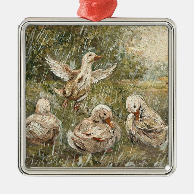 Ornement Carré Argenté Water Play Whimsical Farmhouse Duck Family Pond (Devant)