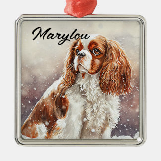 ORNEMENT CARRÉ ARGENTÉ WATERCOLOR CAVALIER KING CHARLES SPANIEL DOG