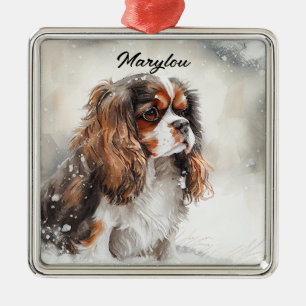 ORNEMENT CARRÉ ARGENTÉ WATERCOLOR CAVALIER KING CHARLES SPANIEL DOG