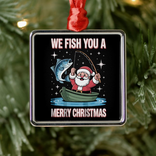 Ornement Carré Argenté We Fish You A Merry Xmas Fisherman Fishing Santa (Arbre)