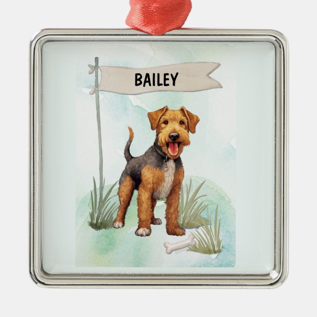 Ornement Carré Argenté Welsh Terrier Watercolor Personalized Dog (Devant)