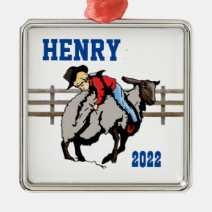 Ornement Carré Argenté Western Rodeo Cowboy Kid Mutton Buster Noël