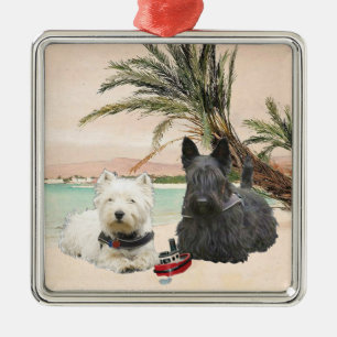 Ornement Carré Argenté Westie et Scottie sur la plage de Palmy