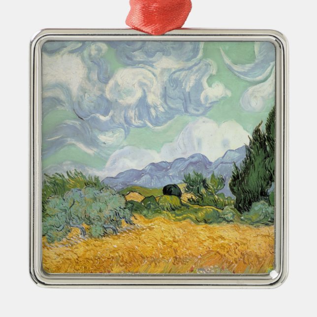 Ornement Carré Argenté Wheatfield de Vincent van Gogh | avec des cyprès, (Devant)