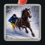 Ornement Carré Argenté   Winter Horse Holiday Ornaments<br><div class="desc">Dynamic winter horse skijoring design capturing  the beauty,  strength and motion of this exciting sport. Perfect for horse lovers,  equestrian enthusiasts and fans of powerful horse imagery.</div>