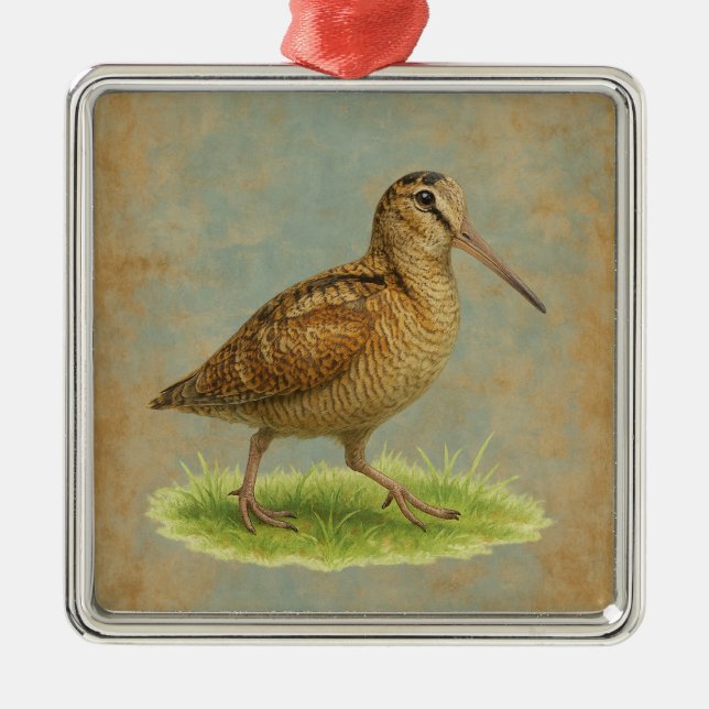 Ornement Carré Argenté Woodcock design Christmas tree decoration (Devant)