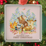 Ornement Carré Argenté Woodland Girls Baby's 1st Christmas Ornament<br><div class="desc">De mignons animaux en bois pour une petite fille Noël. Notre jolie scène forestière avec une bière,  cerf,  renard,  hibou,  raton laveur et orignal. Objets correspondants disponibles dans notre boutique.</div>