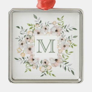 Ornement Carré Argenté Your Monogram & Name in Flower Frame ornament