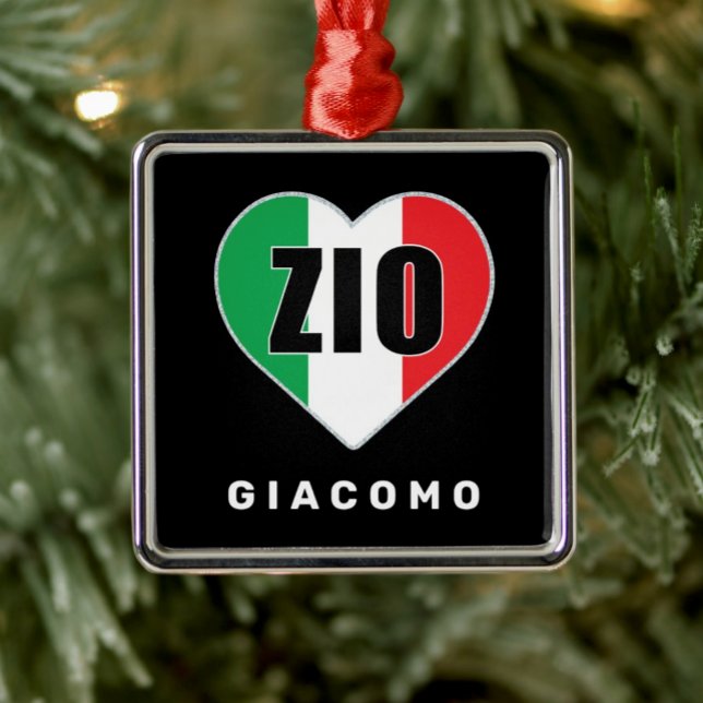 Ornement Carré Argenté Zio Noël Italien Drapeau Ornament Coeur (Zio Italian Flag Heart Personalized Buon Natale Ornament)