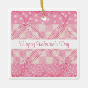 Ornement carré en céramique PINK HEART QUILT pour