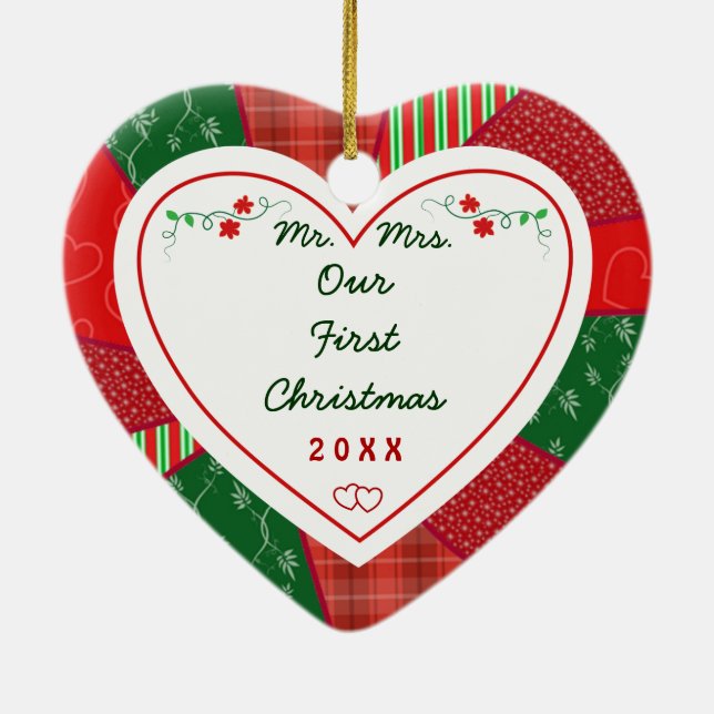 Ornement Cœur En Céramique 1er Noël Married Couple Quilt Motif Cadeau (Dos)