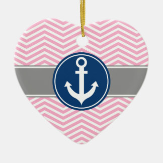 Ornement Cœur En Céramique Ancre nautique rose Chevron