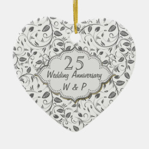 Ornement Cœur En Céramique Anniversaire de mariage de feuille d'argent 25ème