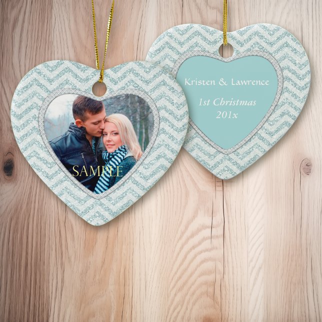 Ornement Cœur En Céramique Aqua Chevron Icy Sparkle Modèle (Créateur téléchargé)