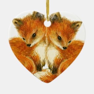Ornement Cœur En Céramique Bébé Twin Foxes