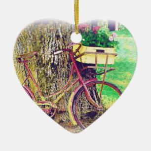 Ornement Cœur En Céramique Bicyclette vintage avec le panier de fleur