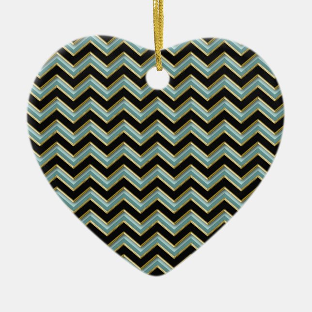 Ornement Cœur En Céramique Black Gold Turquoise ZigZag (Devant)