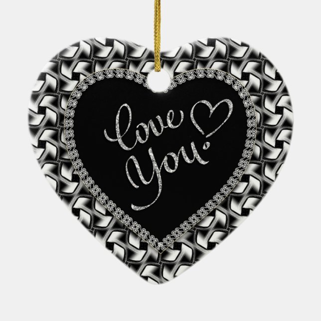 Ornement Cœur En Céramique Black White Love You Valentine Ornament (Dos)