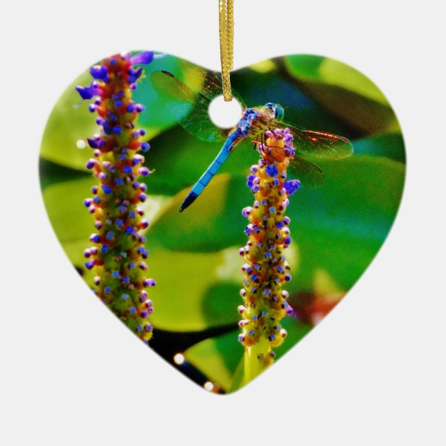 Ornement Cœur En Céramique Bleu libellule et fleurs (Devant)