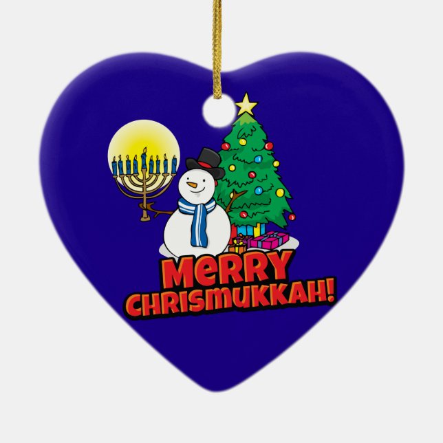 Ornement Cœur En Céramique Blue Merry Chrismukkah avec Snowman et Menorah (Dos)