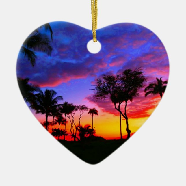 Ornement Cœur En Céramique Blue Red Sunset Exotic Hawaiian Beach Palm Trees (Devant)