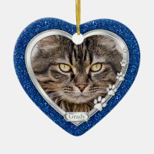 Ornement Cœur En Céramique Blue Silver Heart Pet Cat Memorial Photo Noël (Devant)