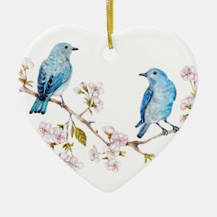 Ornement Cœur En Céramique Bluebirds de montagne sur la branche Sakura