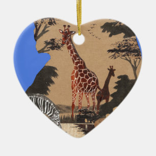 Ornement Cœur En Céramique Carte artistique de la faune de l'Ouganda