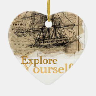 Ornement Cœur En Céramique Carte du monde vintage
