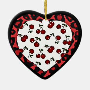 Ornement Cœur En Céramique Cerises RAB Empreinte de léopard Heart Rockabilly