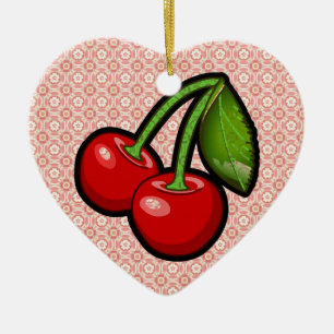 Ornement Cœur En Céramique Cerises sur Fleur
