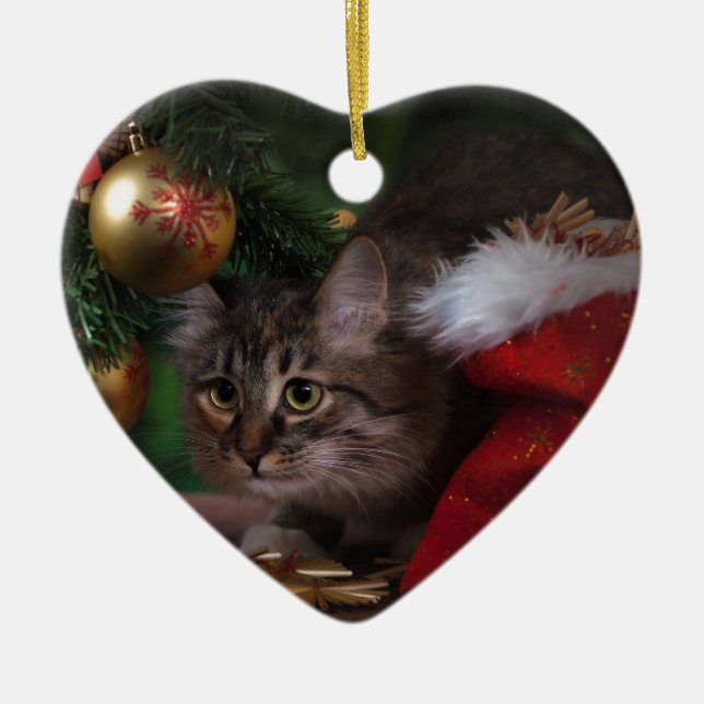 Ornement Cœur En Céramique Chat love Joyeux Noël (Devant)