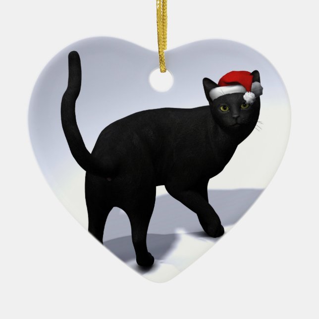 Ornement Cœur En Céramique Chat noir avec Casquette Père Noël (Devant)
