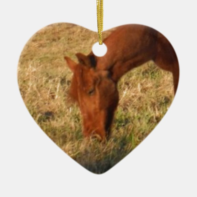 Ornement Cœur En Céramique Cheval Brown dans le champ d'arbre jaune (Devant)