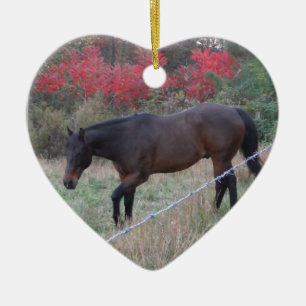 Ornement Cœur En Céramique Cheval Brown dans les arbres d'automne rouges