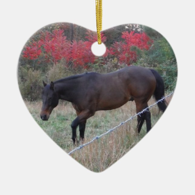 Ornement Cœur En Céramique Cheval Brown dans les arbres d'automne rouges (Devant)