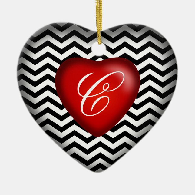 Ornement Cœur En Céramique Chevron Coeur Monogram | noir blanc (Devant)