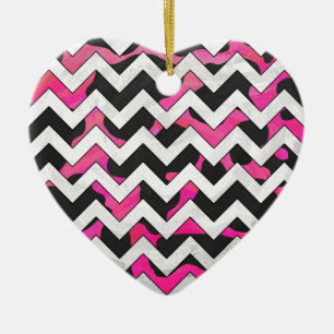 Ornement Cœur En Céramique Chevron Cow Hot rose et noir