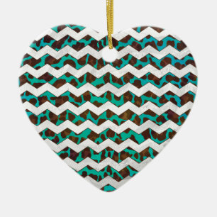 Ornement Cœur En Céramique Chevron Leopard Impression Brown et Turquoise