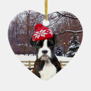 Ornement Cœur En Céramique Chiot de boxeur de Noël