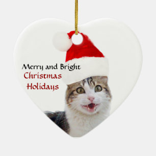 ORNEMENT CŒUR EN CÉRAMIQUE CHRISTMAS CHAT AVEC SANTA CLAUS COEUR CASQUETTE