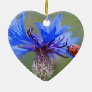 Ornement Cœur En Céramique Coccinelle Fleurs Bleues Art Amour Paix Destinée V