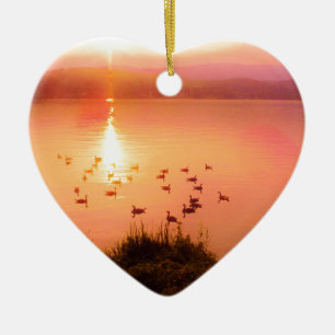 Ornement Cœur En Céramique Coucher de soleil rose et de lac de pêche