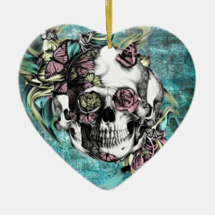 Ornement Cœur En Céramique Crâne de fumée de papillon dans rose et jaune