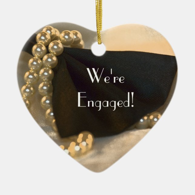 Ornement Cœur En Céramique Cravate de cabot et Fiançailles de perles blanches (Devant)