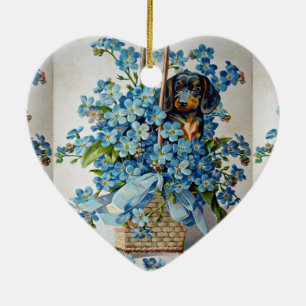Ornement Cœur En Céramique Dachshund et Forget-Me-Nots